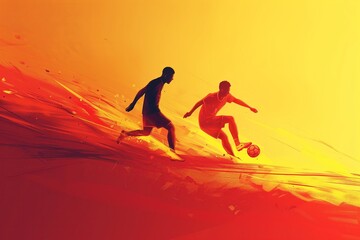 Dynamic Soccer Showdown: Two Players in a Passionate Duel at Sunset