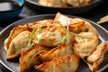 Crispy fried dumplings Gyoza with vegetables. Asian food.