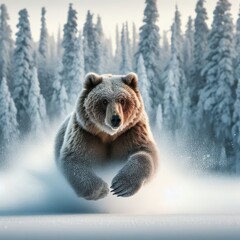 Grizzly bear gracefully navigating the wintry wilderness, sprinting through the snow in a captivating display of wildlife in action.