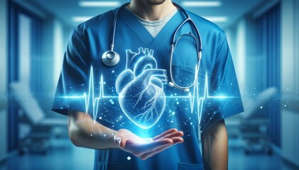 a blue-clad healthcare professional stood holding out his hand with a holographic heart floating above his hand