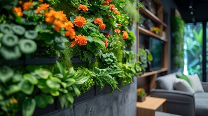 A wall-mounted vertical garden in the living room, bringing the beauty of nature indoors with cascading greenery and vibrant blooms. 