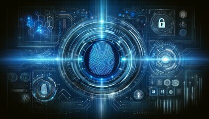 Obraz premium futuristic fingerprint scanning system with glowing blue light emission trail
