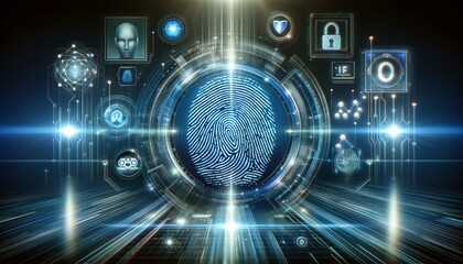 Obraz premium futuristic fingerprint scanning system with glowing blue light emission trail