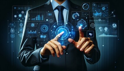 A figure wearing a business suit interacts with a futuristic holographic interface