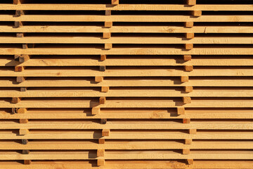 Drying boards in the air. Sawmill production of wood material