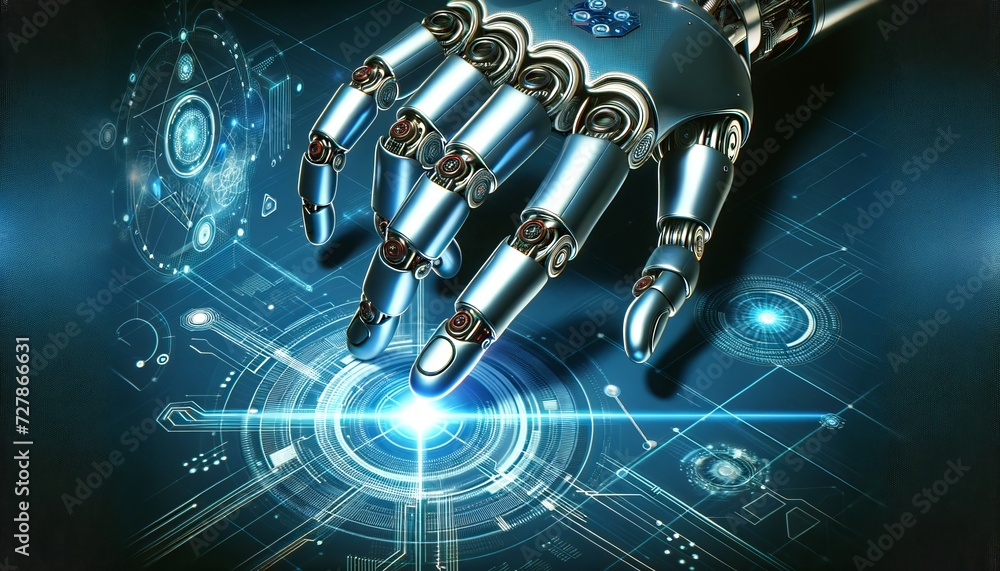 Poster robot hand interacting with advanced technology futuristic blue circle
