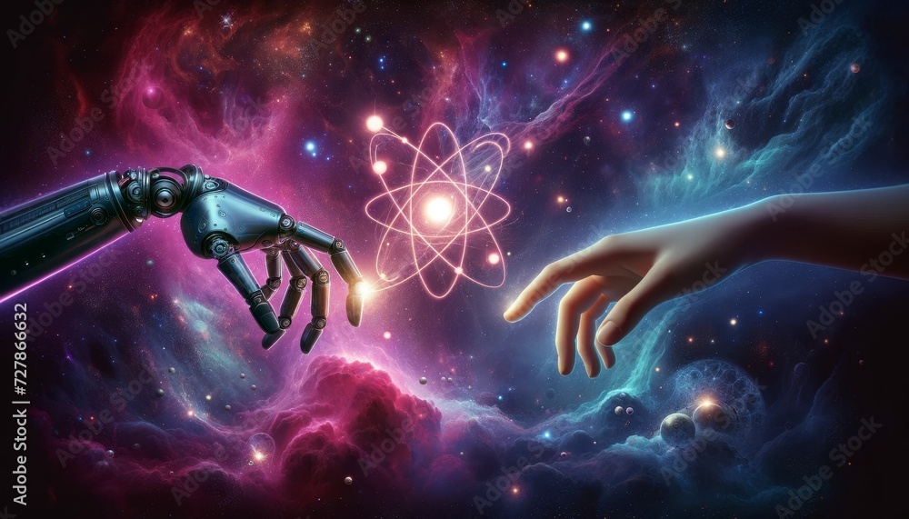 Poster a robotic hand on the left and a human hand on the right, both reaching towards each other