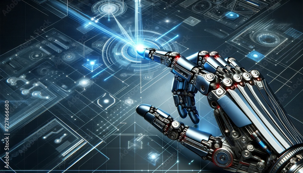 Poster robot hand interacting with advanced technology futuristic blue circle