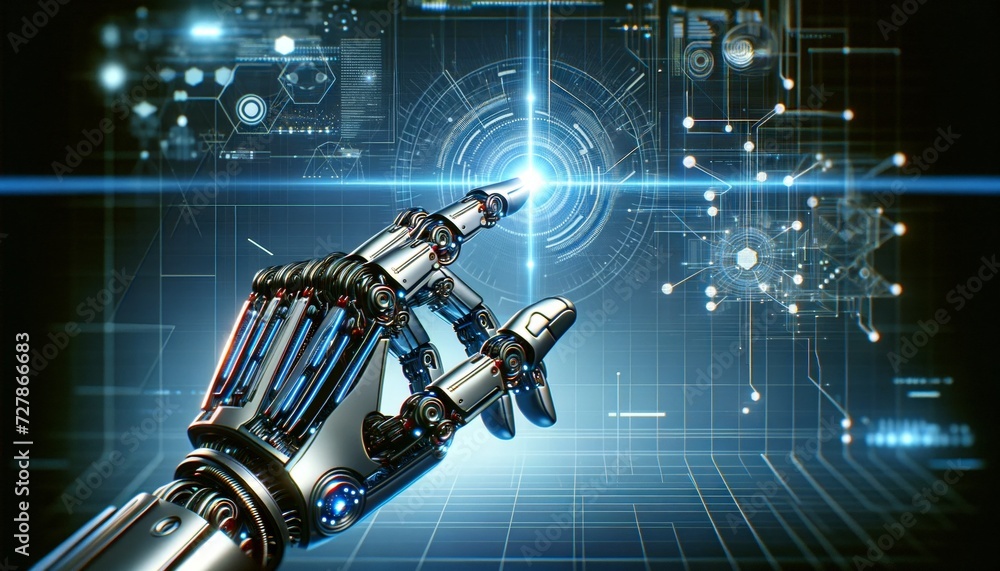 Poster robot hand interacting with advanced technology futuristic blue circle