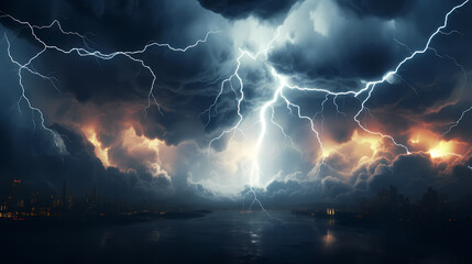 Roaring thunderstorm, shocking lightning shines in the dark sky