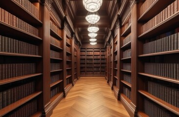 Fototapeta premium A long corridor with books. An old library with paper books on the shelves.