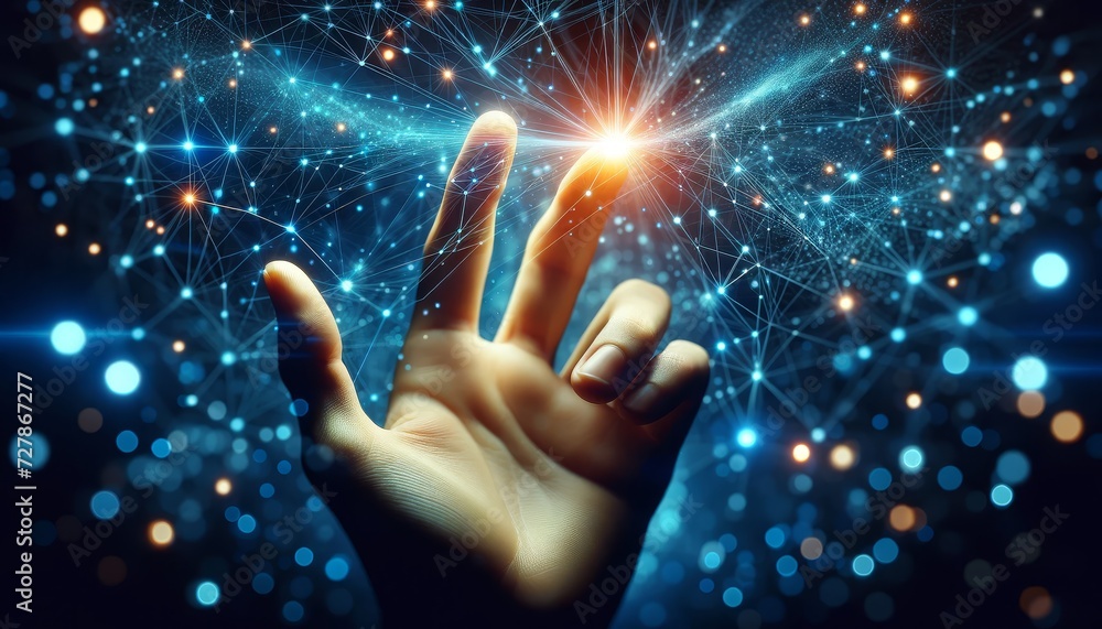Poster a human hand reaching out towards a complex network of glowing points and interconnected lines, symbolizing a digital network