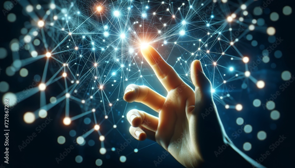 Poster a human hand reaching out towards a complex network of glowing points and interconnected lines, symbolizing a digital network