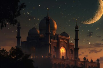 Ramadan's celebration background with Mosque and crescent moon at night - obrazy, fototapety, plakaty