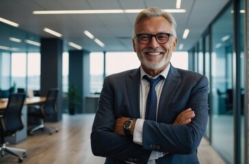 Portrait of smiling senior businessman looking at camera and standing confidently inside the modern office with cross-hands