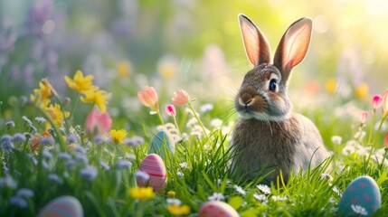 Fototapeta na wymiar Easter bunny exploring a meadow filled with blooming tulips and daffodils