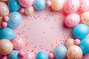 Fototapeta na wymiar Birthday Balloons & Confetti Flat Lay on Pink