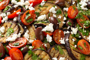 Roasted Eggplant, Tomato salad with kalamata olives and Feta cheese