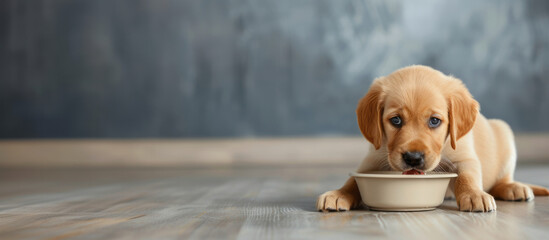 Close up puppy eating food on gray background with copyspace, concept of pet care, animal behavior, banner with copy space
