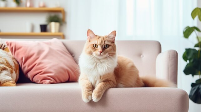 Cute kitty lies on a comfortable sofa in a modern bright living room with copyspace © Tatiana