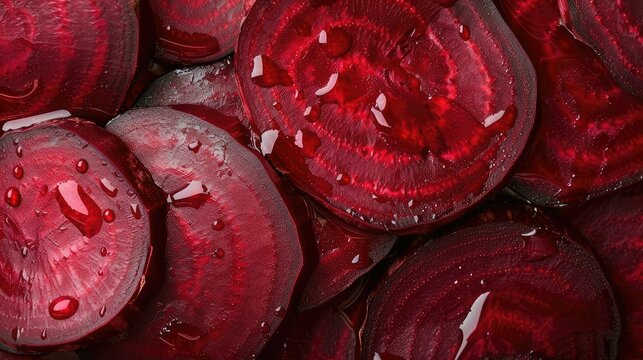 Fresh beetroot slices close up with water drops.