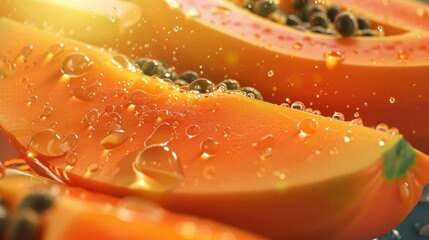 Ripe papaya slices with glistening water drops, vibrant orange and fresh. - obrazy, fototapety, plakaty