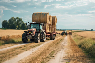 Loading round hay bales in a tracktor. Farmer with a tractor loading a trailer with straw bales