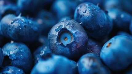 Vibrant blueberries close up with tiny water droplets.