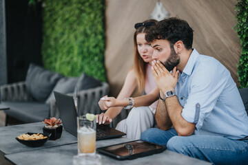 Young business professionals discussing new projects and ideas at a coffee bar in the urban city center. Strategizing for business growth, focusing on market research and financial planning.