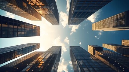a group of tall buildings with a sky background