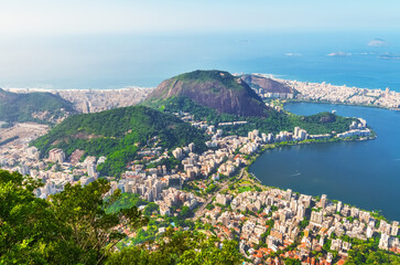 Aerial view of Rio with Corcovado Mountain, Sugarloaf Mountain and Guanabara Bay - Rio de Janeiro, Brazil