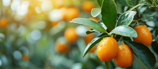 Harvest of ripe kumquat on a branch in the garden, agribusiness business concept, organic healthy food and non-GMO fruits with copyspace, banner