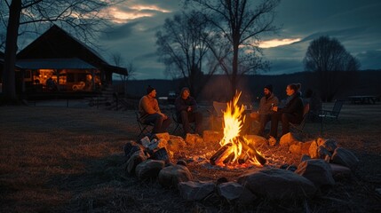 Friends and family gathered around a cozy bonfire, sharing stories and laughter on a clear spring night