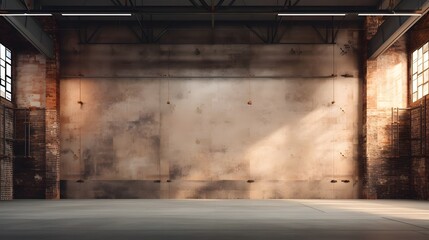 an empty room with a concrete floor and brick walls