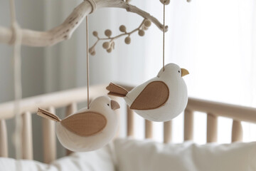 Scandinavian Baby crib mobile with wooden birds - obrazy, fototapety, plakaty