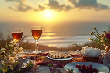 Passover Seder with wine and matzah, Pesah celebration concept - 727869017