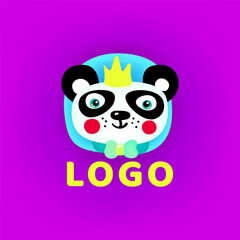 Logo. Cute cartoon panda bear with a crown. Panda face with and lettering. Vector illustration in flat style. Eps 10