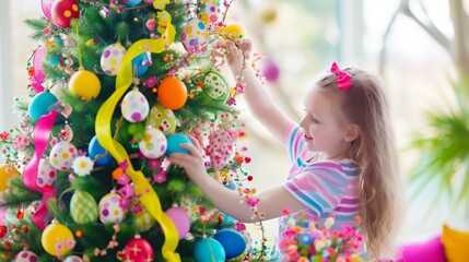 Fototapeta na wymiar Kids decorating a large Easter tree with colorful ornaments, eggs, and ribbons in a cheerful and festive atmosphere