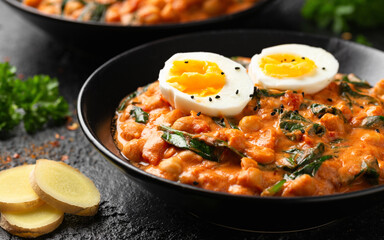 Chickpea, spinach, tomato and egg curry. Healthy food.