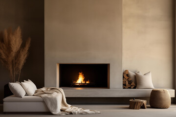 Minimal living room in earth colors, with a large fireplace. With blank empty space above fireplace