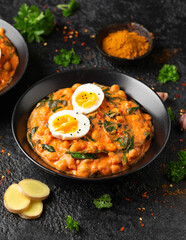 Chickpea, spinach, tomato and egg curry. Healthy food.