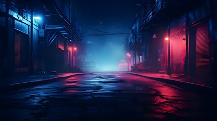 a dark alley way with red and blue lights - obrazy, fototapety, plakaty