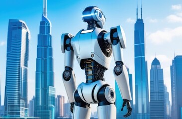 Robot stands against the background of the city. High-rise buildings, futuristic background.