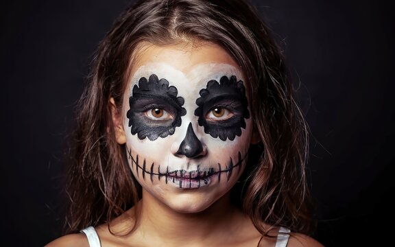 Girl with Halloween face art on white background