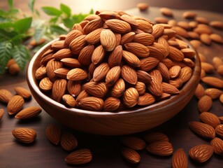 Almond on wooden bowl vegan protein snack