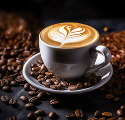 A cup of fresh cappuccino amid coffee beans