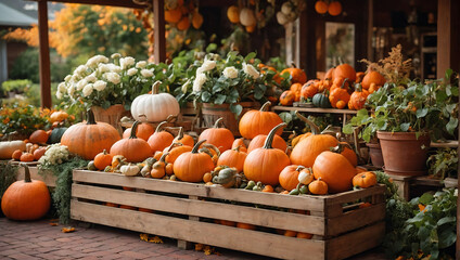 Jesienny targ pełen dyni i sezonowych dekoracji