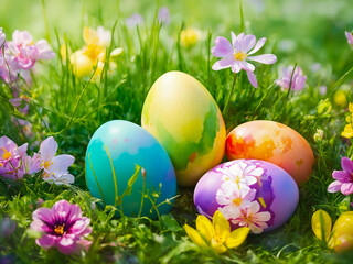 Fototapeta premium Brightly colored Easter eggs on lush green grass