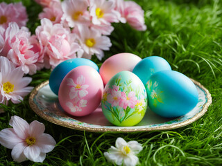 Fototapeta premium Bright Easter eggs on a plate among lush green grass and flowers.