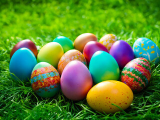 Fototapeta na wymiar Brightly colored Easter eggs scattered among lush green grasses